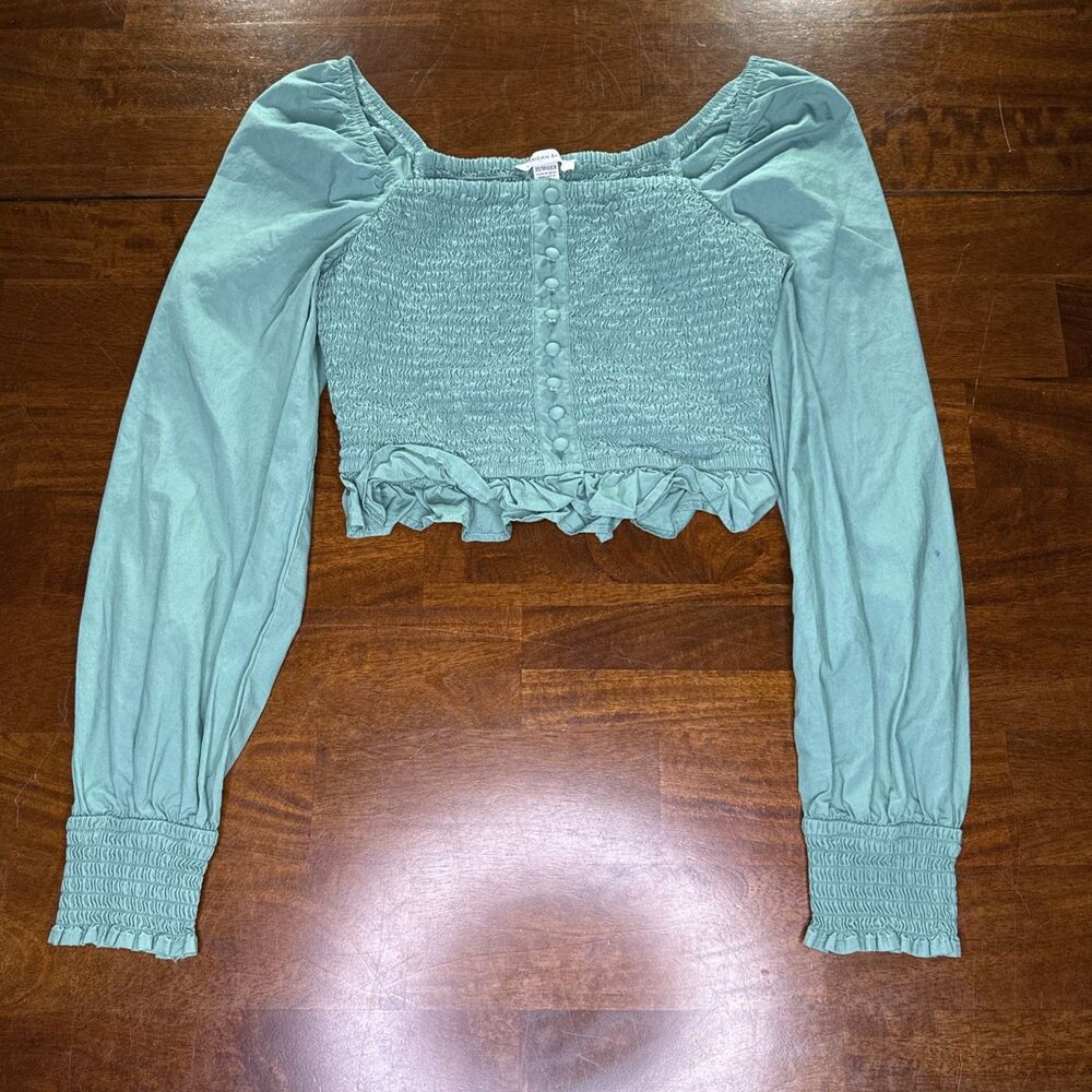American Eagle Womens Green Cropped Smocked Puff Sleeve Square Neck Blouse XS